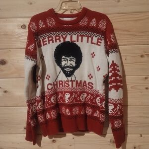 Bob Ross Merry Little Christmas Ugly Cute Holiday Sweater Size M 21x26